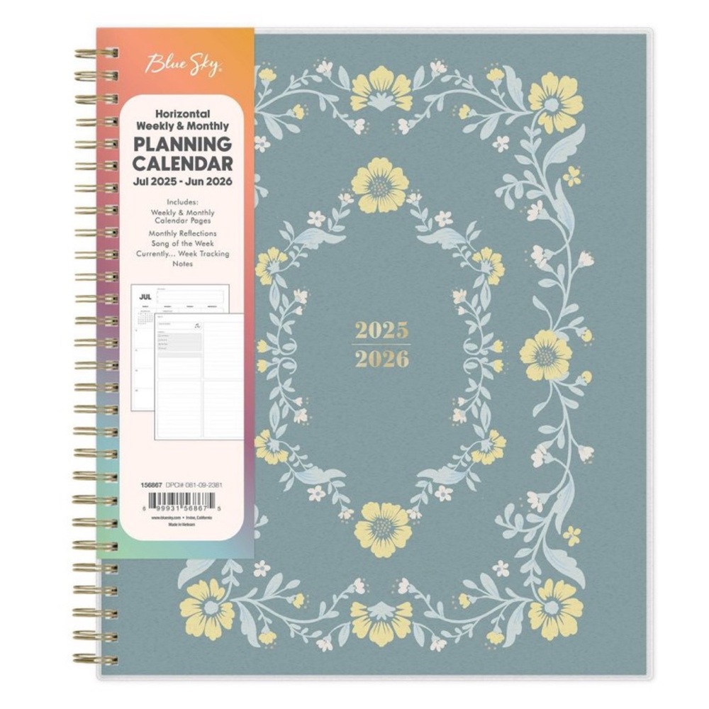 Blue Sky Blue Yellow Floral Planner Planning Weekly Monthly Calendar 2025-2026